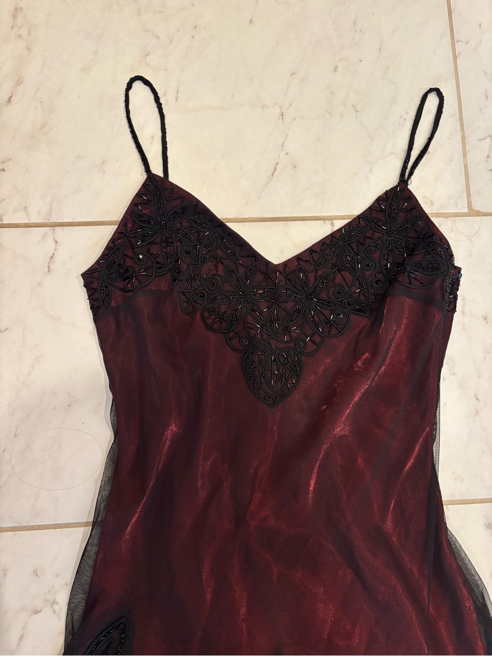 Sue Wong Burgundy Slip Dress with Black Lace Appliqué - Picture 2 of 8